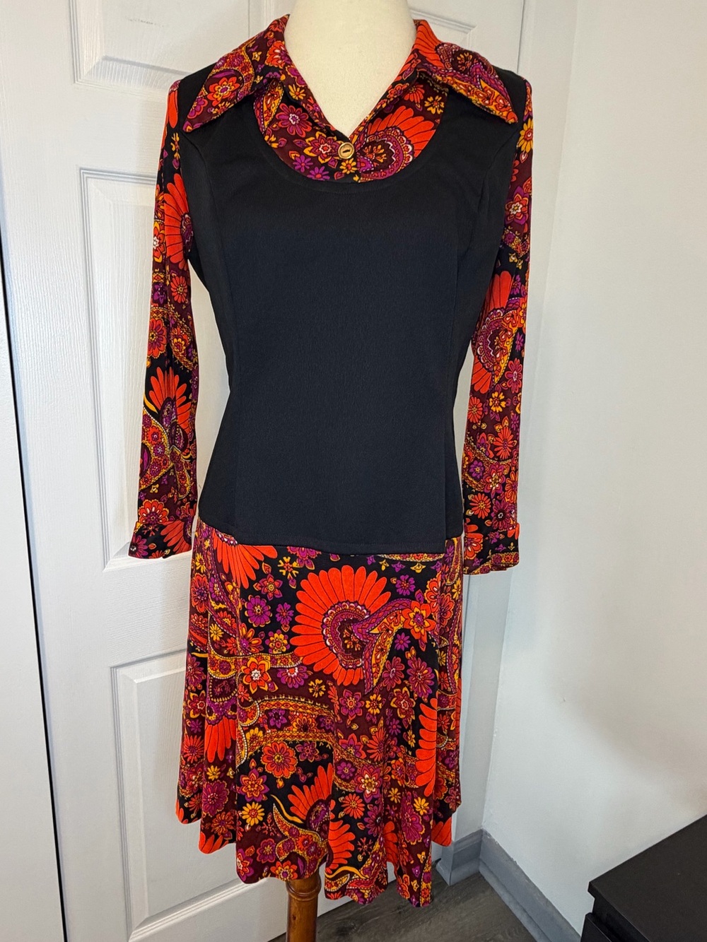 60’s 70’s Black Dress with Vibrant Floral Psychedelic Paisley Print